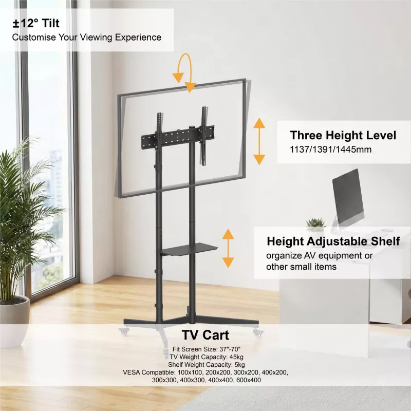 GEMBIRD Mobile TV statīvs uz riteņiem ar slīpuma regulēšanu 37–70 collām