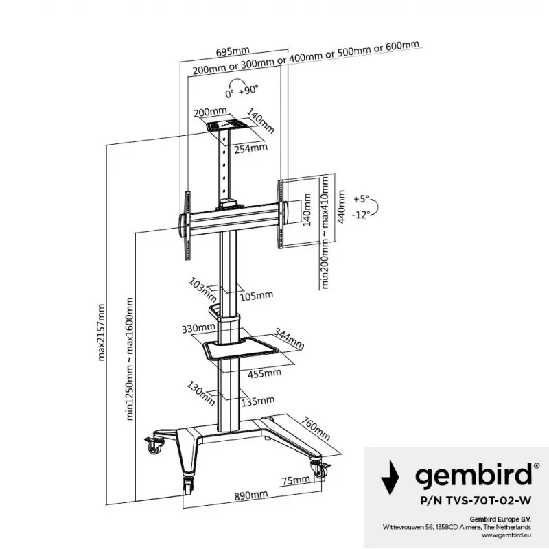 TV Set Accessory Floor Stand 37-70/balta TVS-70T-02-W Gembird