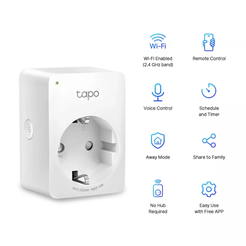 TP-Link Tapo Mini viedā Wi-Fi kontaktligzda, iekštelpām, balta, Mājas, Polikarbonāts (PC), Status, CE, RoHS