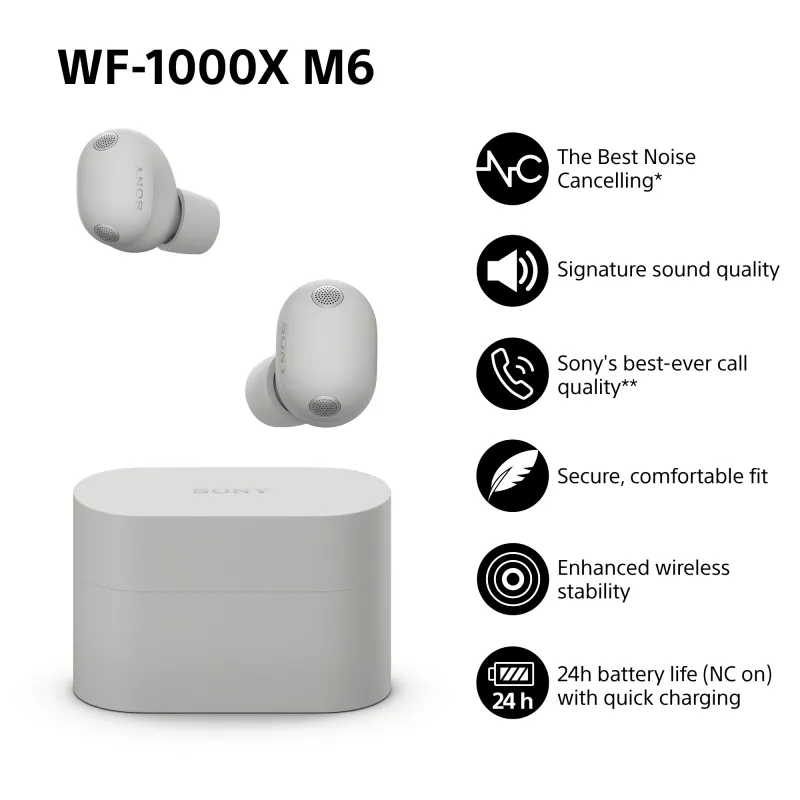 Sony WF1000XM6S.CE7 Bezvadu austiņas, ievietojamās, Zvani/Mūzika, Bluetooth, sudraba krāsa
