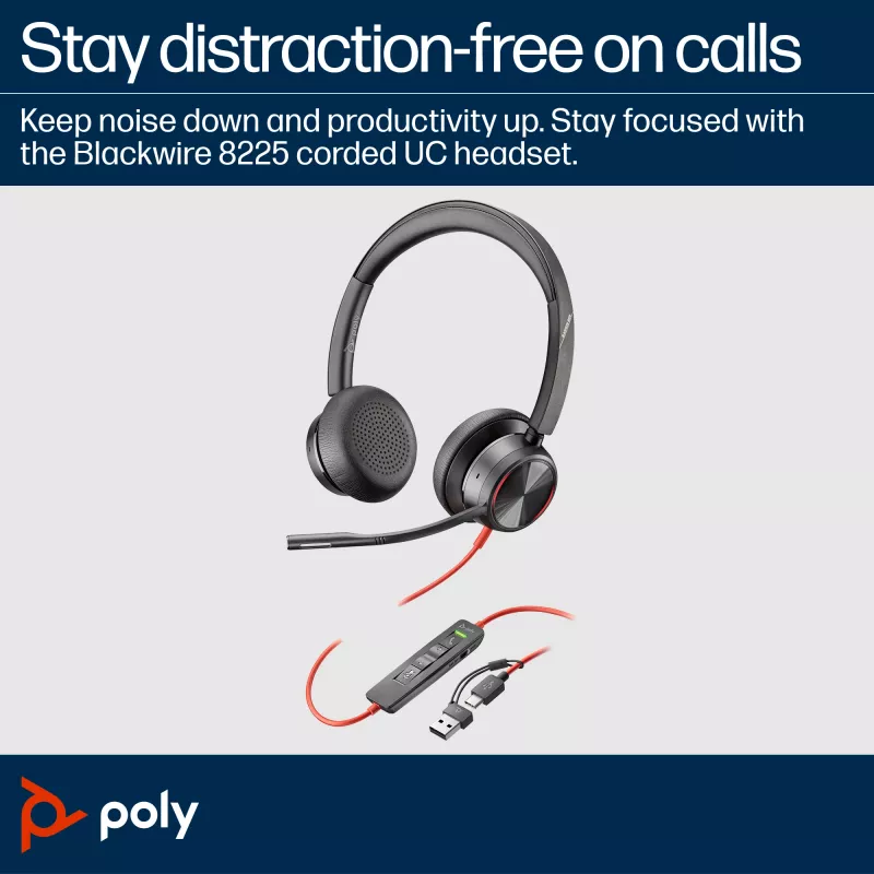 HP Poly Melnswire 8225 Stereo USB-C Headset +USB-C/A Adapter