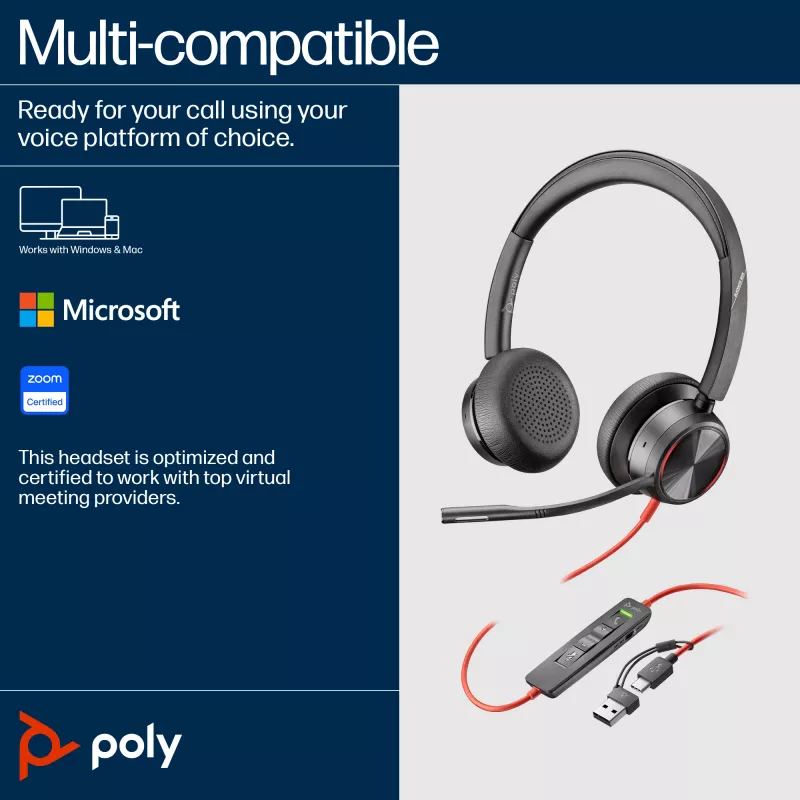 HP Poly Melnswire 8225 Stereo USB-C Headset +USB-C/A Adapter