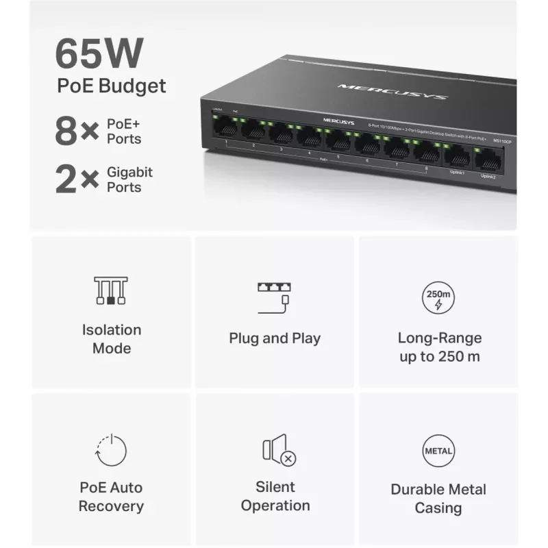 Mercusys MS110CP tīkla komutators ar PoE atbalstu, melns