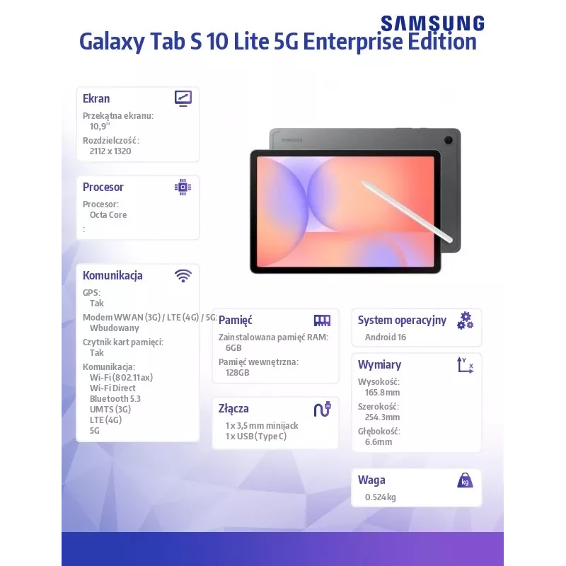 Planšetdators Galaxy Tab S 10 Lite X400EE 10,9 collas 5G 6/128 GB Enterprise Edition pelēks
