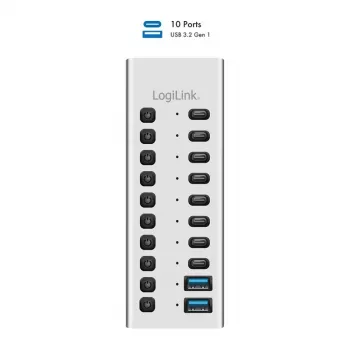 USB 3.2 Gen1 10 portu centrmezgls USB-A/C, ieslēgšanas/izslēgšanas slēdzis