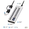 USB 3.2 Gen1 10 portu centrmezgls USB-A/C, ieslēgšanas/izslēgšanas slēdzis