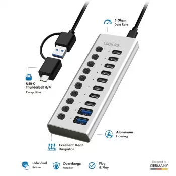 USB 3.2 Gen1 10 portu centrmezgls USB-A/C, ieslēgšanas/izslēgšanas slēdzis