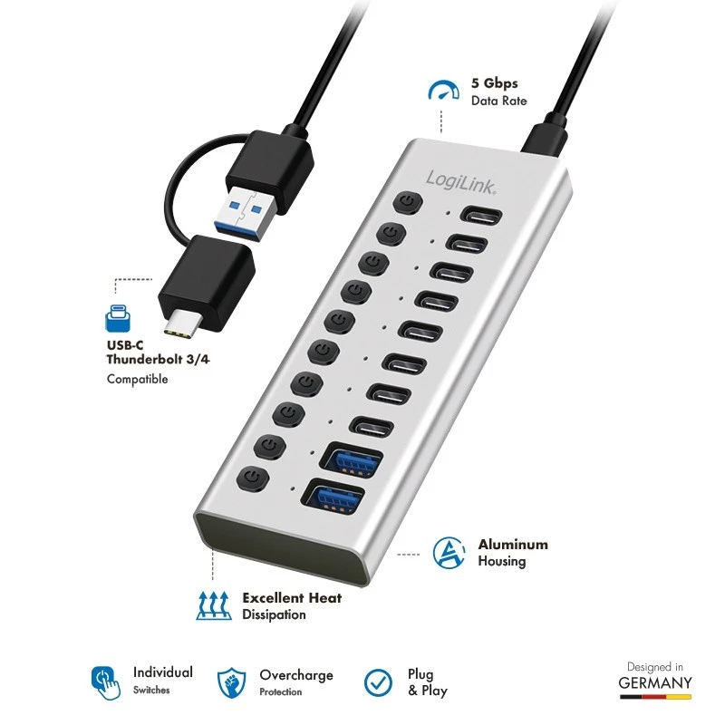 USB 3.2 Gen1 10 portu centrmezgls USB-A/C, ieslēgšanas/izslēgšanas slēdzis