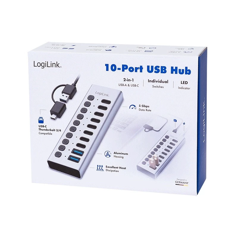 USB 3.2 Gen1 10 portu centrmezgls USB-A/C, ieslēgšanas/izslēgšanas slēdzis