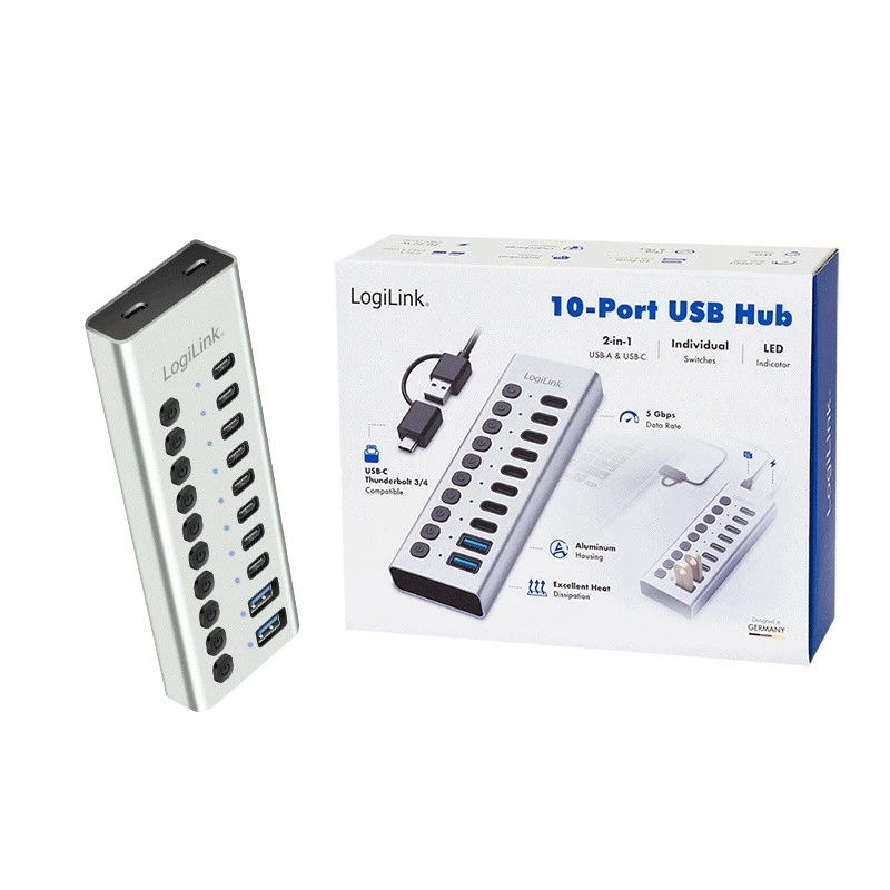 USB 3.2 Gen1 10 portu centrmezgls USB-A/C, ieslēgšanas/izslēgšanas slēdzis