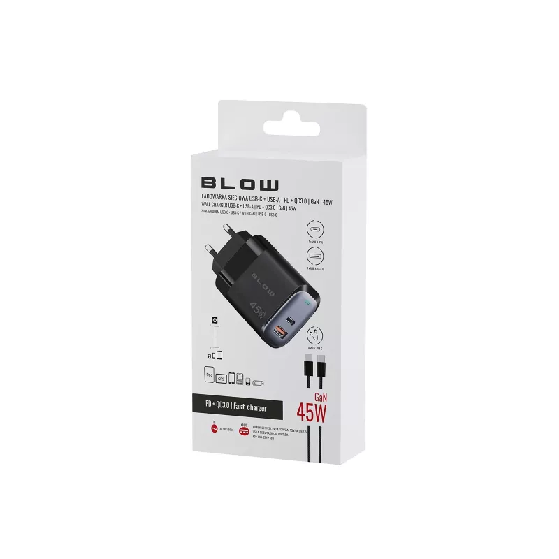 Sienas lādētājs USB-A USB-C PD 45W + kabelis
