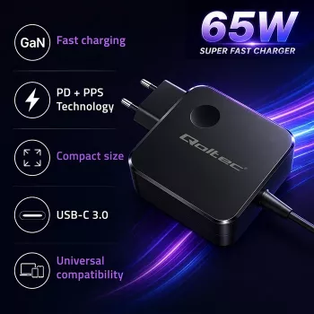 GaN 65W lādētājs USB C PD PPS 5V 21V 3A 3.25A