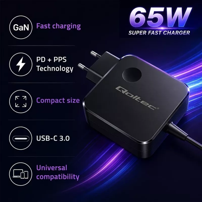 GaN 65W lādētājs USB C PD PPS 5V 21V 3A 3.25A