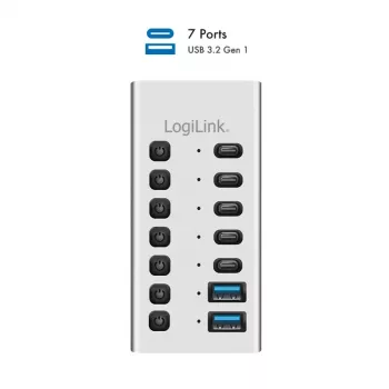 USB 3.2 Gen1 7 portu centrmezgls USB-A/C, ieslēgšanas/izslēgšanas slēdzis