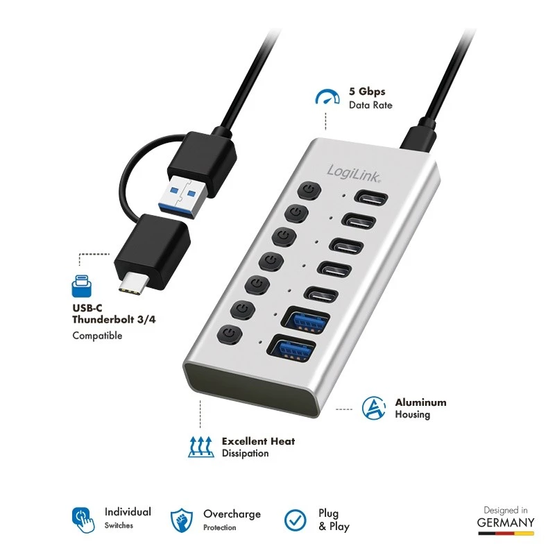 USB 3.2 Gen1 7 portu centrmezgls USB-A/C, ieslēgšanas/izslēgšanas slēdzis