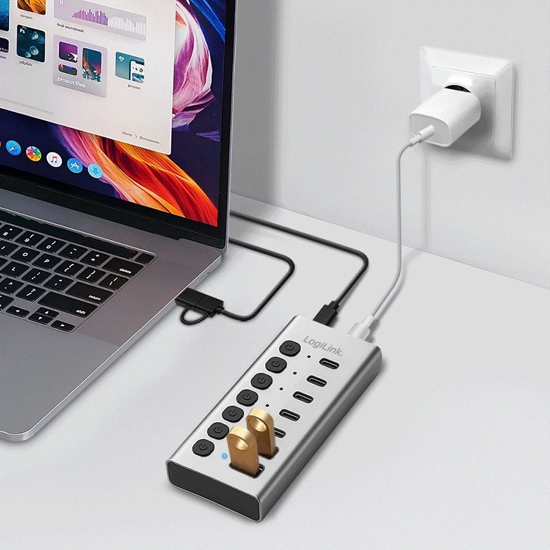 USB 3.2 Gen1 7 portu centrmezgls USB-A/C, ieslēgšanas/izslēgšanas slēdzis