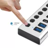 USB 3.2 Gen1 7 portu centrmezgls USB-A/C, ieslēgšanas/izslēgšanas slēdzis