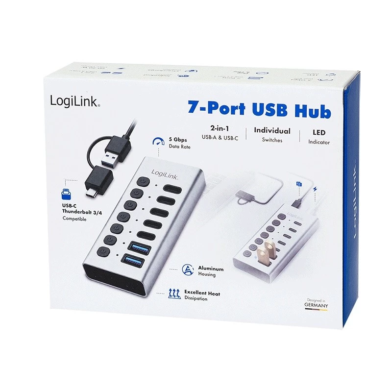 USB 3.2 Gen1 7 portu centrmezgls USB-A/C, ieslēgšanas/izslēgšanas slēdzis