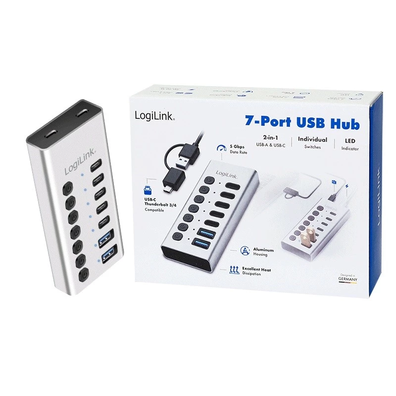 USB 3.2 Gen1 7 portu centrmezgls USB-A/C, ieslēgšanas/izslēgšanas slēdzis