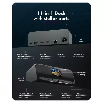 11-in-1 DockingStation mit Power Delivery Lade-Ports und großem LCD-Display, mit 160 W GaN Lade-Adapter