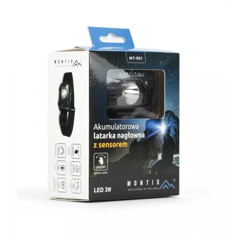 Montis Akumulatorowa latarka nagłowna z sensorem MT001 Black Headband flashlight LED