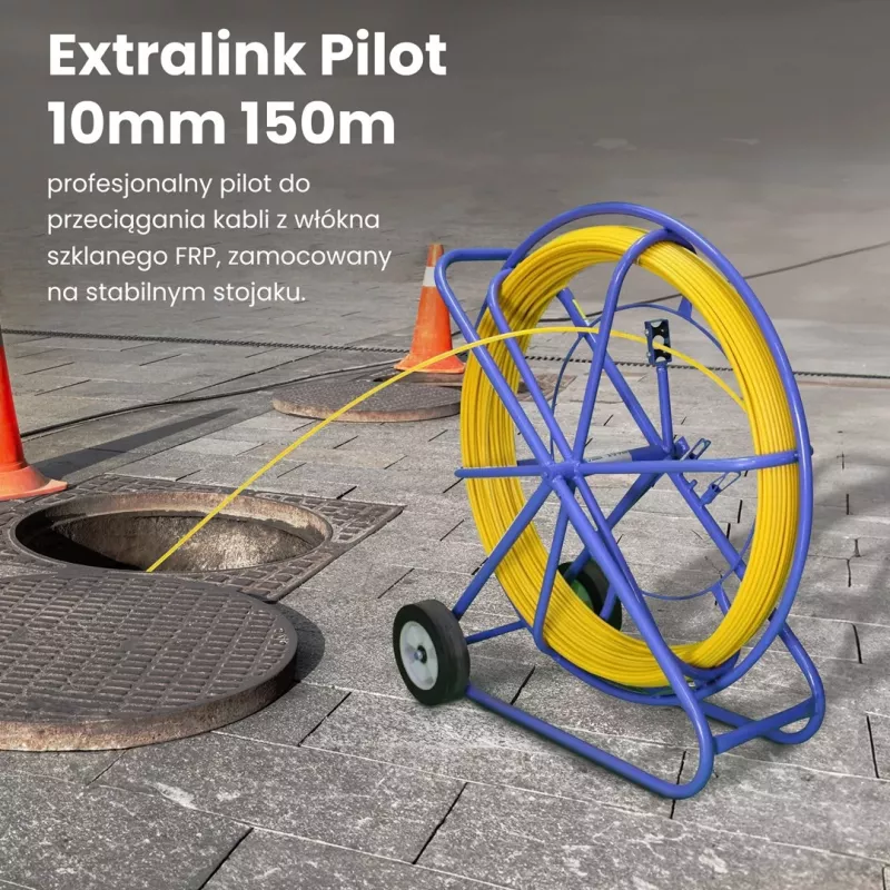 Extralink kabeļu ievilkšanas stienis Pilot 10mm 150m stikla šķiedra FRP, diam. 10mm, gar. 150m, dzeltens