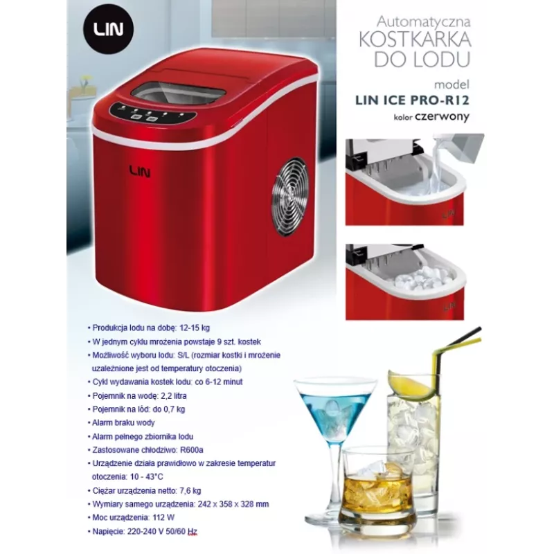 Portatīvais ledus kubiņu gatavotājs LIN ICE PRO-R12 sarkans