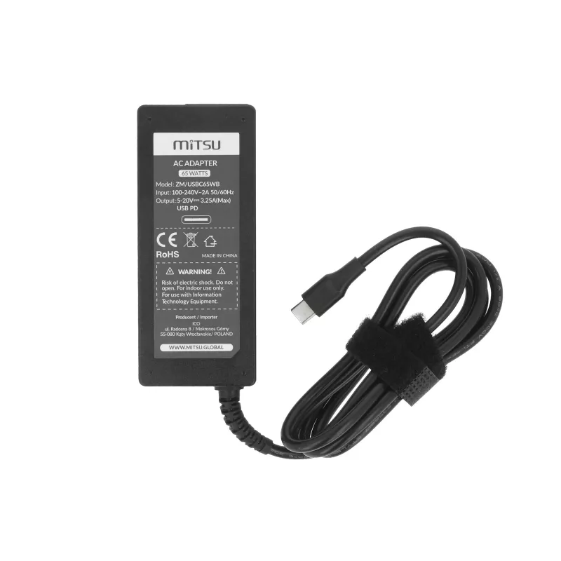 Klēpjdatora lādētājs 65W USB-C 5V-9V-12V-15V-20V/3A, 20V/3.25A PD