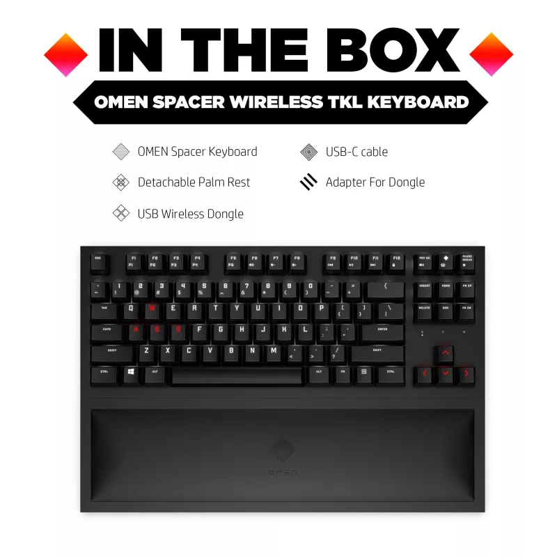 HP OMEN Spacer bezvadu TKL tastatūra, pilna izmēra (100%), bezvadu, RF bezvadu, mehāniska, melna