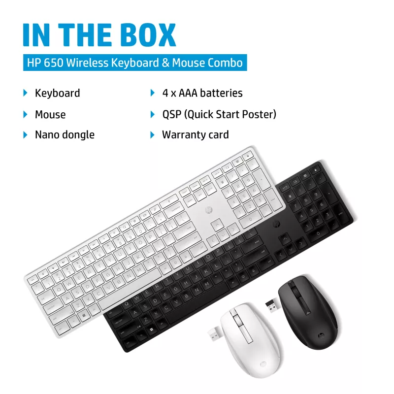 HP 650 bezvadu tastatūras un peles komplekts, pilnizmēra (100%), bezvadu, RF bezvadu, membrānas, melns, pele iekļauta