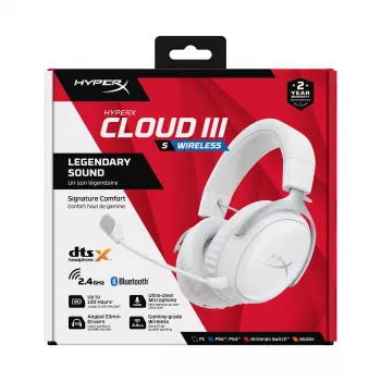 HyperX Cloud III S - Bezvadu spēļu austiņas (baltā krāsā), Bezvadu, 20 - 20000 Hz, Spēlēm, 340 g, Austiņas, Balta