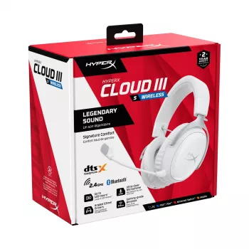 HyperX Cloud III S - Bezvadu spēļu austiņas (baltā krāsā), Bezvadu, 20 - 20000 Hz, Spēlēm, 340 g, Austiņas, Balta
