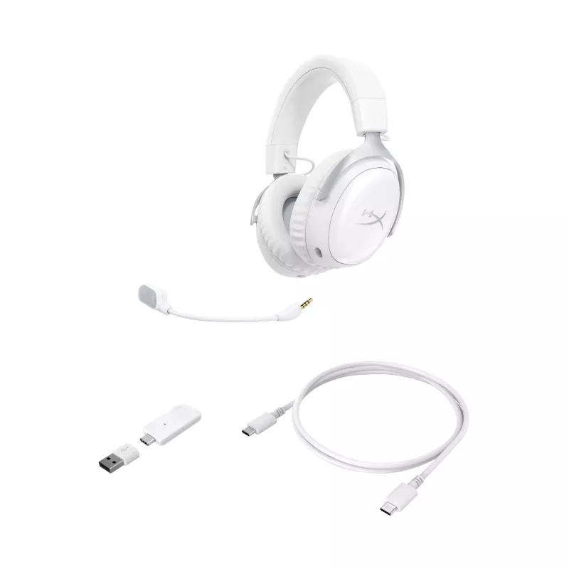 HyperX Cloud III S - Bezvadu spēļu austiņas (baltā krāsā), Bezvadu, 20 - 20000 Hz, Spēlēm, 340 g, Austiņas, Balta