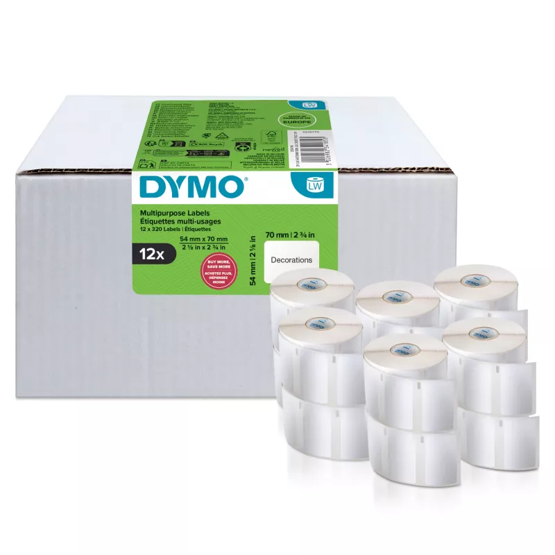 Autentiskas DYMO LabelWriter universālas etiķetes | 54 mm x 70 mm | Pašlīmējošas | 12 ruļļi ar 320 vienkārši nolobāmām etiķetēm (3840 gab.) | LabelWriter etiķešu printeriem | Ražots Eiropā