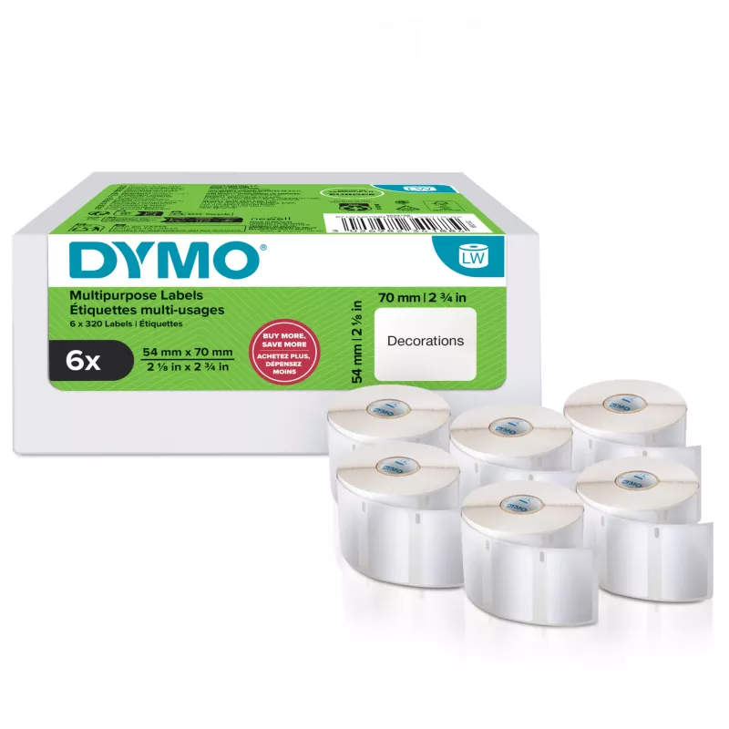 DYMO Autentiskas LabelWriter universālas uzlīmes | 54 mm x 70 mm | Pašlīmējošas | 6 ruļļi pa 320 viegli nolobāmām uzlīmēm (1 920 gab.) | paredzētas LabelWriter uzlīmju drukas ierīcēm | Ražots Eiropā