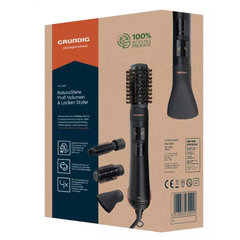 Grundig HS 7080 Karstā gaisa birste Silts Melns, Rozā zelts 1000 W 1,8 m