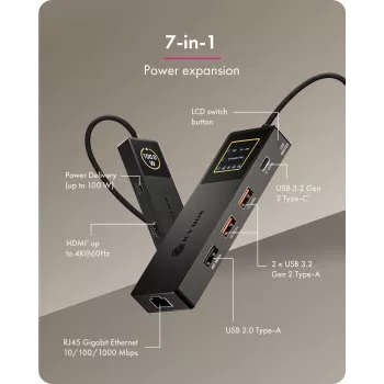 ICY BOX Spade Dock 4038, 7-in-1 dokstacija ar LCD displeju un PD 100 W