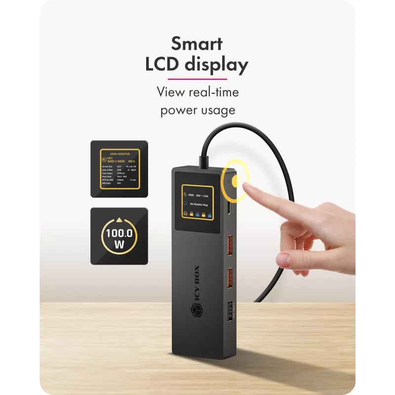 ICY BOX Spade Dock 4038, 7-in-1 dokstacija ar LCD displeju un PD 100 W