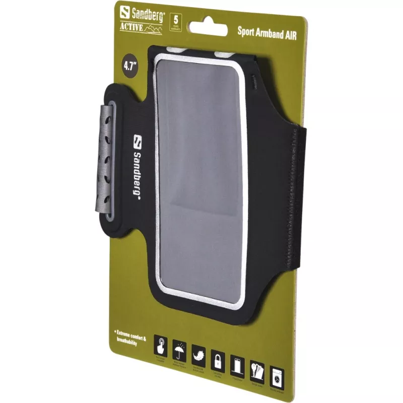 Sandberg Sport Armband AIR 4.7'', Rokas apsēja futlāris, Jebkura zīmola, 11.9 cm (4.7 collas), Melns