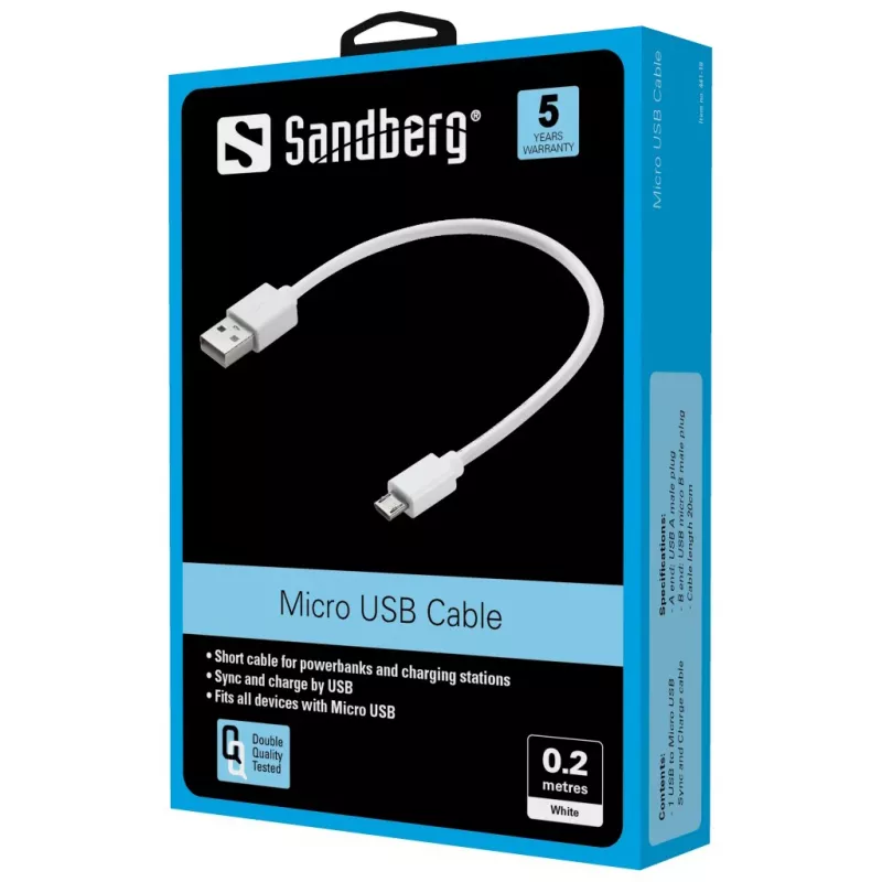Sandberg MicroUSB sinhronizācijas/uzlādes kabelis 0,2 m, 0,2 m, USB A, Micro-USB B, USB 2.0, Balts