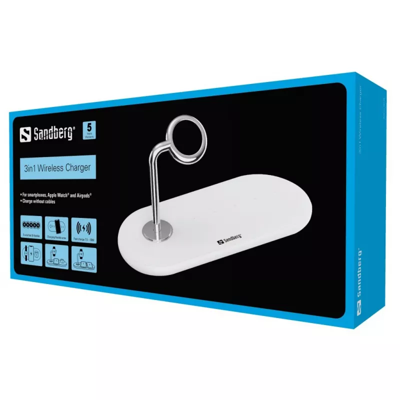 Sandberg 3in1 bezvadu lādētājs, iekštelpām, USB, bezvadu uzlāde, 0,8 m, sudrabains, balts