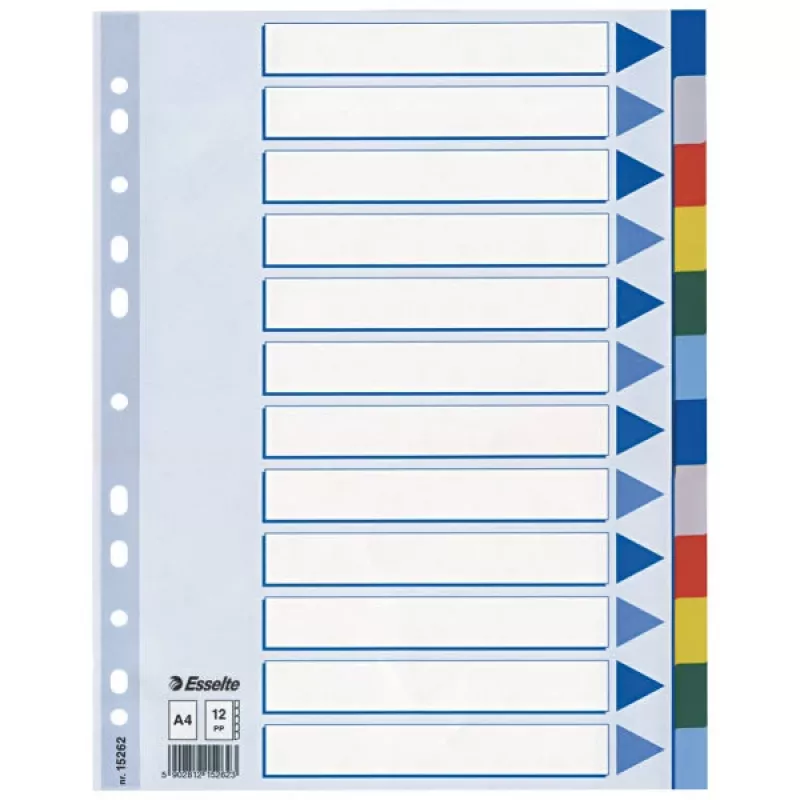 Esselte starplikas PP A4 12 iedaļas, tukšs iedaļu indekss, polivinilhlorīds (PVC), daudzkrāsains, A4, 2, 4, 6, 225 mm
