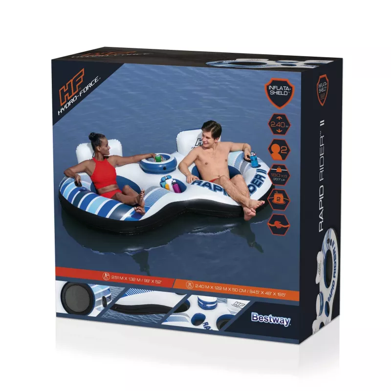 Bestway Hydro-Force Rapid Rider II dubultā upes caurule, daudzkrāsaina, peldoša caurule, raksts, zēnam/meitenei, 180 kg, 2 personām