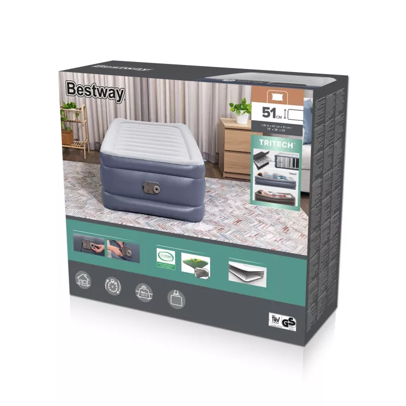 Bestway Tritech piepūšamais matracis, divguļamā gulta ar iebūvētu maiņstrāvas sūkni un pretmikrobu pārklājumu 1,91 m x 97 cm x 51 cm