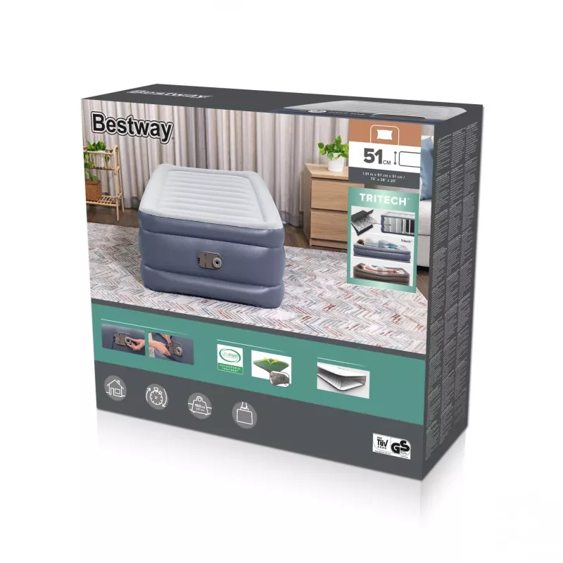 Bestway Tritech piepūšamais matracis, divguļamā gulta ar iebūvētu maiņstrāvas sūkni un pretmikrobu pārklājumu 1,91 m x 97 cm x 51 cm