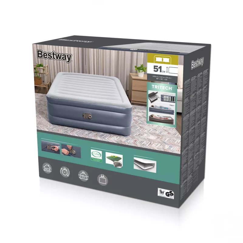Bestway Tritech piepūšamais matracis Queen ar iebūvētu maiņstrāvas sūkni un pretmikrobu pārklājumu 2,03 m x 1,52 m x 51 cm