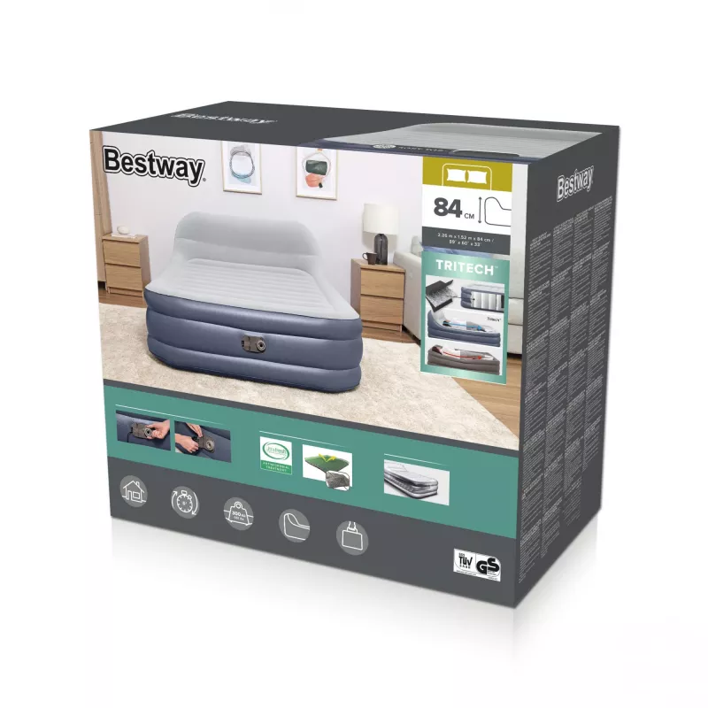 Bestway Tritech SleekFlow galvgaļa piepūšamais matracis Queen ar iebūvētu maiņstrāvas sūkni un pretmikrobu pārklājumu 2,26 m x 1,52 m x 84 cm