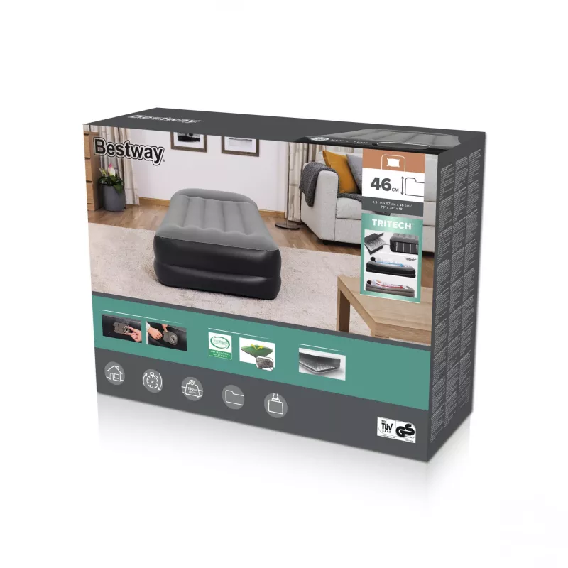 Bestway Tritech piepūšamais matracis, vienvietīgs, ar iebūvētu maiņstrāvas sūkni un antimikrobu pārklājumu, 1,91 m x 97 cm x 46 cm
