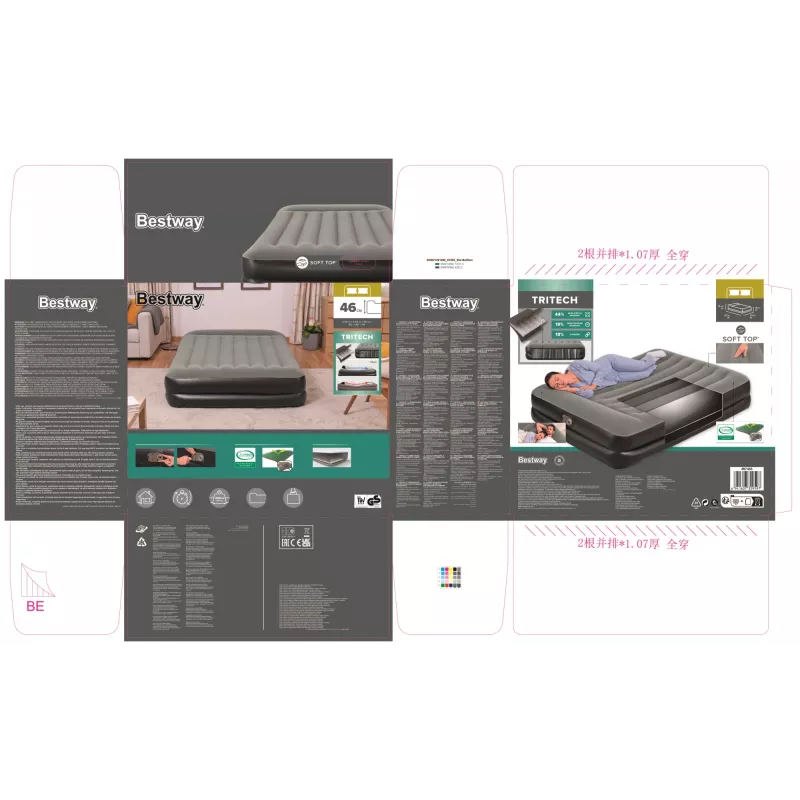 Bestway Tritech piepūšamais matracis Queen ar iebūvētu maiņstrāvas sūkni un pretmikrobu pārklājumu 2,03 m x 1,52 m x 46 cm