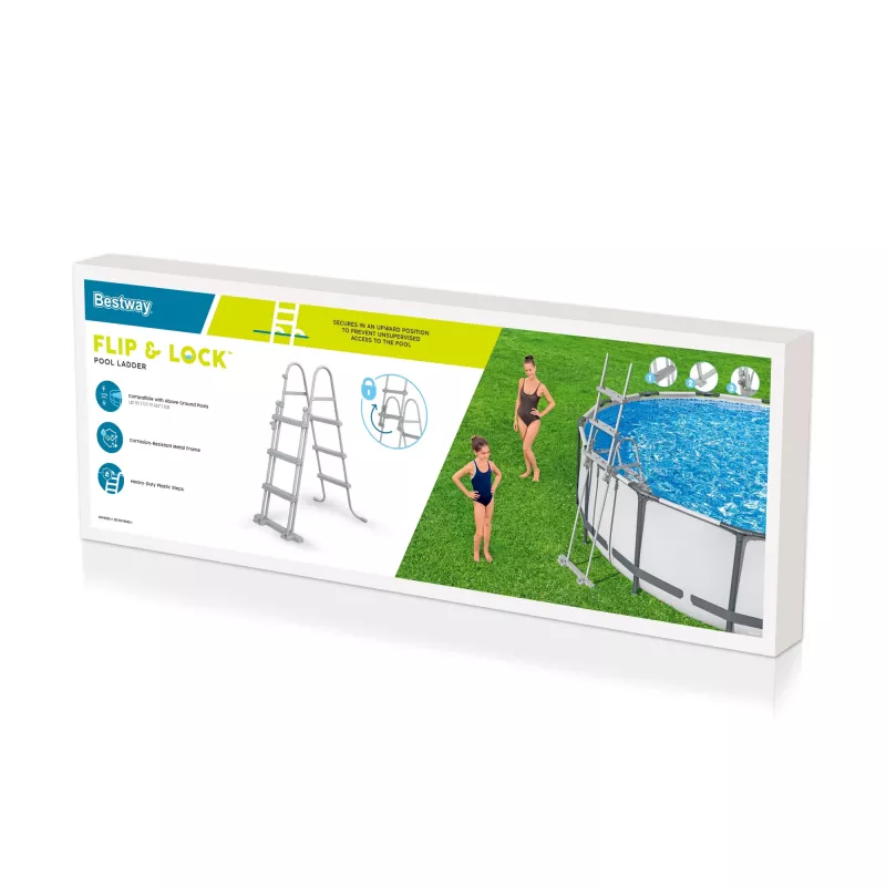 Bestway Flip & Lock virszemes baseina kāpnes 1,07 m, Pelēkas, Metāls, 150 kg, 3 pakāpieni, 107 cm